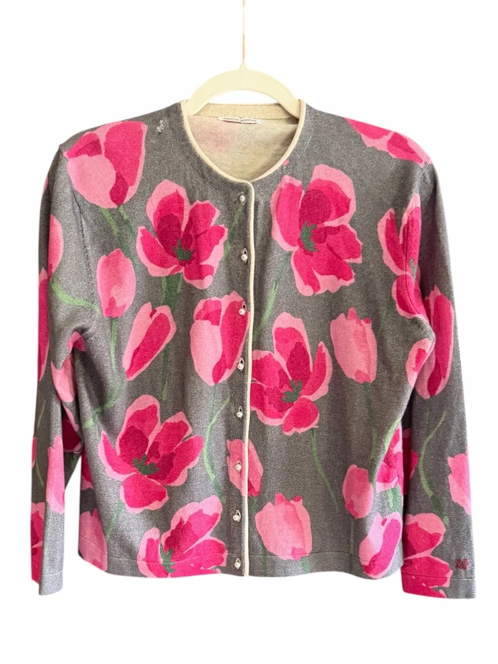 FRANCES VALENTINE Darling Cardigan Dutch Tulip Gray Pink Floral Sweater S - Picture 1 of 14